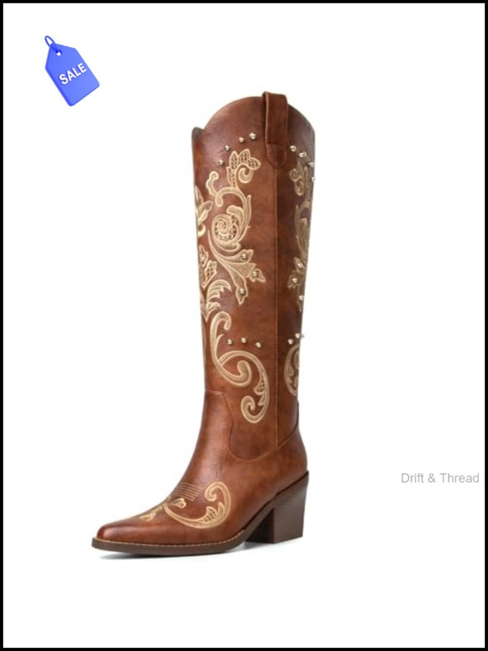 Knee High Cowboy Boots Pointed Toe Chunky Heel Faux Leather Pull On Women